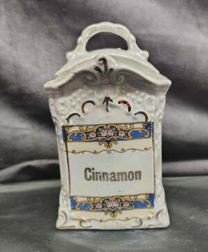 ANTIQUE GERMAN LUSTREWARE CINNAMON SPICE JAR GOLD TRIM OPALESCENT PORCELAIN